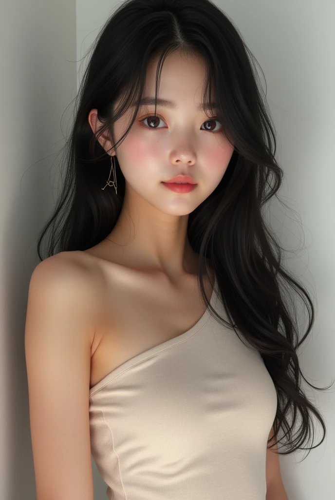 A beautiful 14-year-old girl with wide, beautiful eyes, fair skin, very well-proportioned features, beautiful black hair, baby face, wearing a tight one-shoulder tank top, smiling at me, a refreshing smile