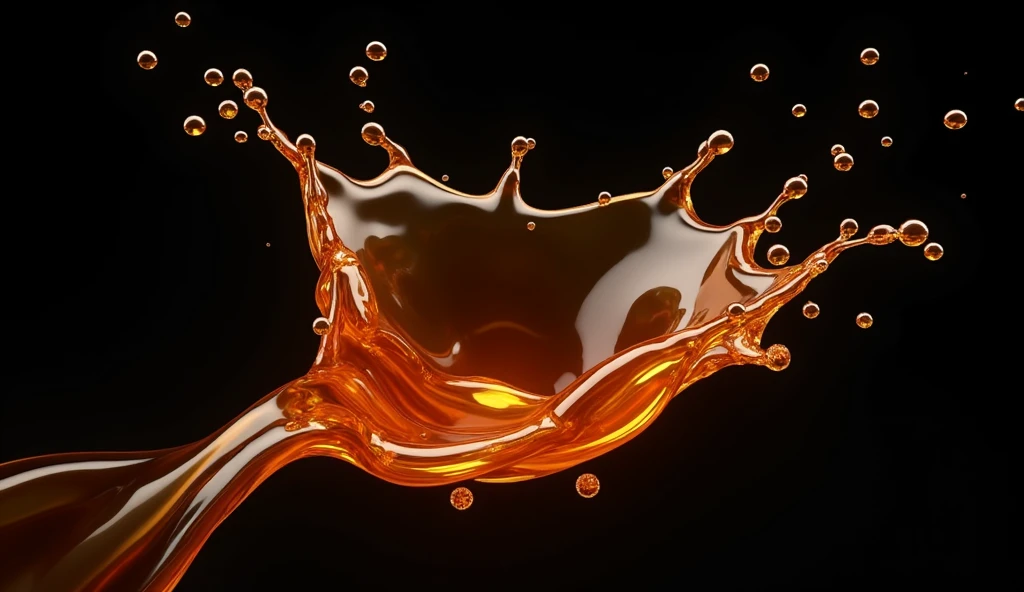 3D render of maple syrup and honey splash in mid-air, rich golden-brown hues with a glossy, viscous texture, dynamically suspended against a deep black background, the splash forms intricate, fluid shapes that radiate energy, contrasting sharply with the dark backdrop, the design is bold and striking, with soft highlights that enhance the richness and depth of the syrup and honey, subtle reflections create a sense of realism and depth