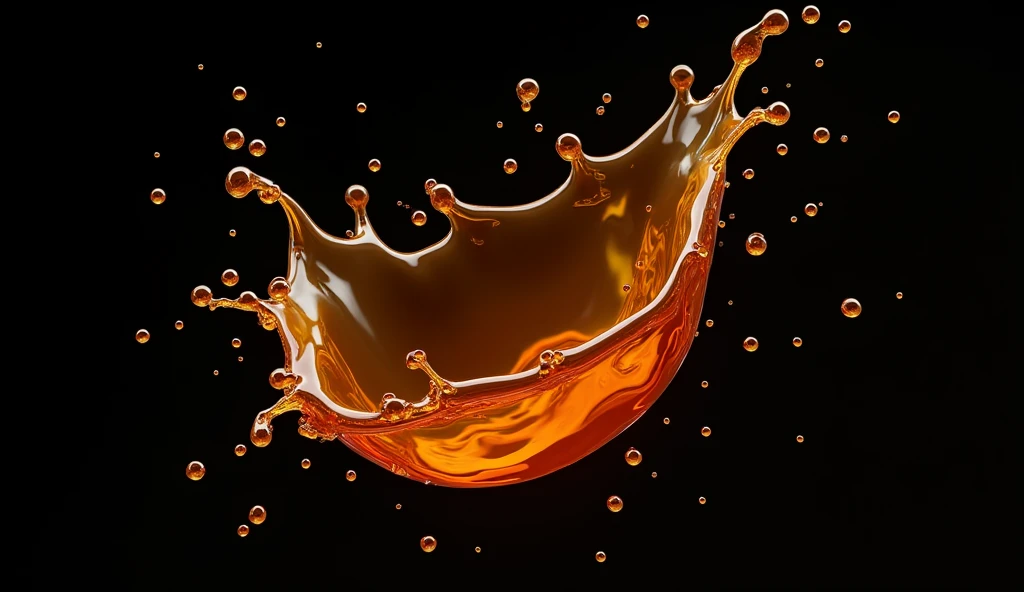 3D render of maple syrup and honey splash in mid-air, rich golden-brown hues with a glossy, viscous texture, dynamically suspended against a deep black background, the splash forms intricate, fluid shapes that radiate energy, contrasting sharply with the dark backdrop, the design is bold and striking, with soft highlights that enhance the richness and depth of the syrup and honey, subtle reflections create a sense of realism and depth