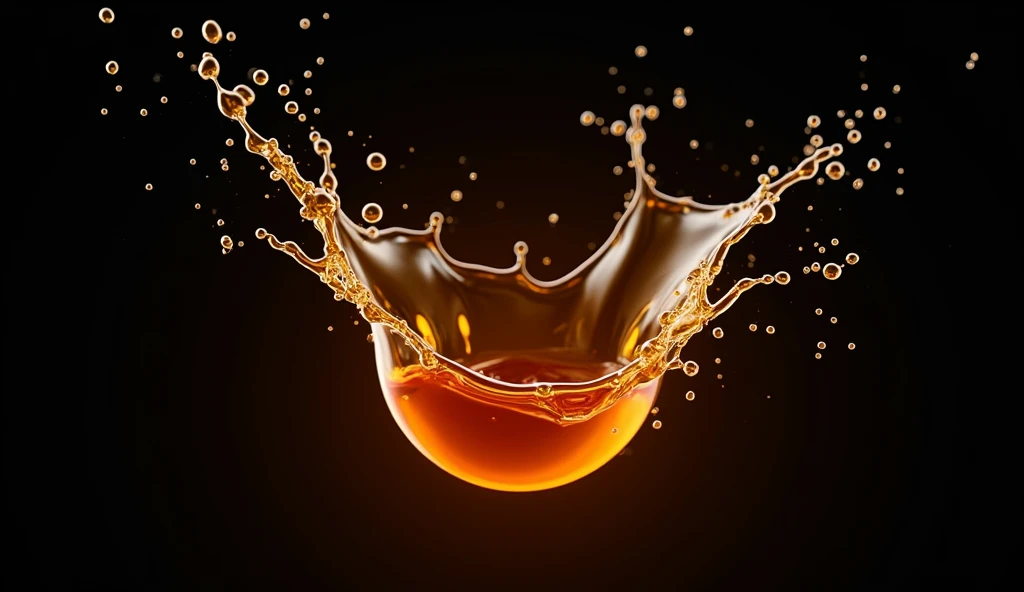 3D render of maple syrup and honey splash in mid-air, rich golden-brown hues with a glossy, viscous texture, dynamically suspended against a deep black background, the splash forms intricate, fluid shapes that radiate energy, contrasting sharply with the dark backdrop, the design is bold and striking, with soft highlights that enhance the richness and depth of the syrup and honey, subtle reflections create a sense of realism and depth