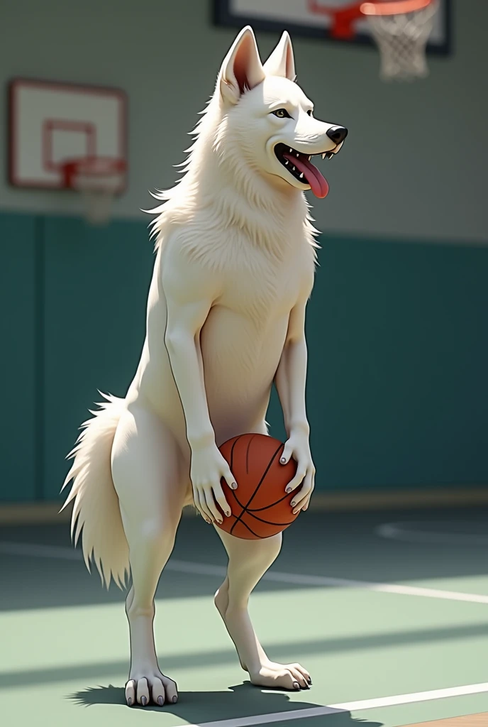 masterpiece，best quality，White Wolf，Naked上身，Naked，Physical Education student，Sticking out tongue，Standing against the background of basketball court，For the audience，teenager，Lean Muscle