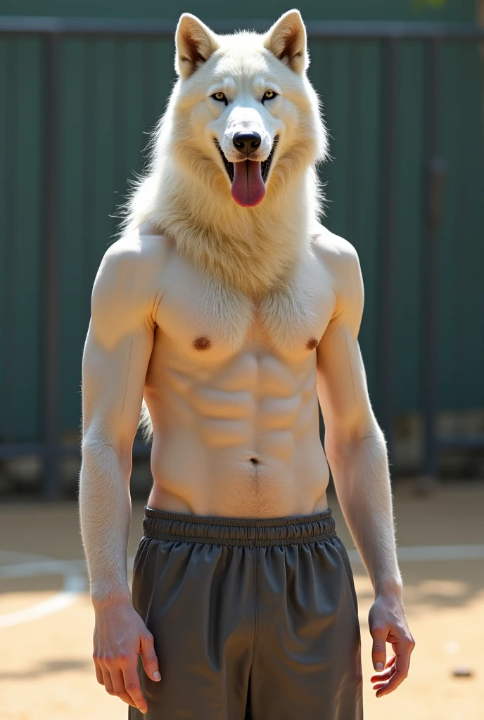 masterpiece，best quality，White Wolf，Naked上身，Naked，Physical Education student，Sticking out tongue，Standing against the background of basketball court，For the audience，teenager，Lean Muscle