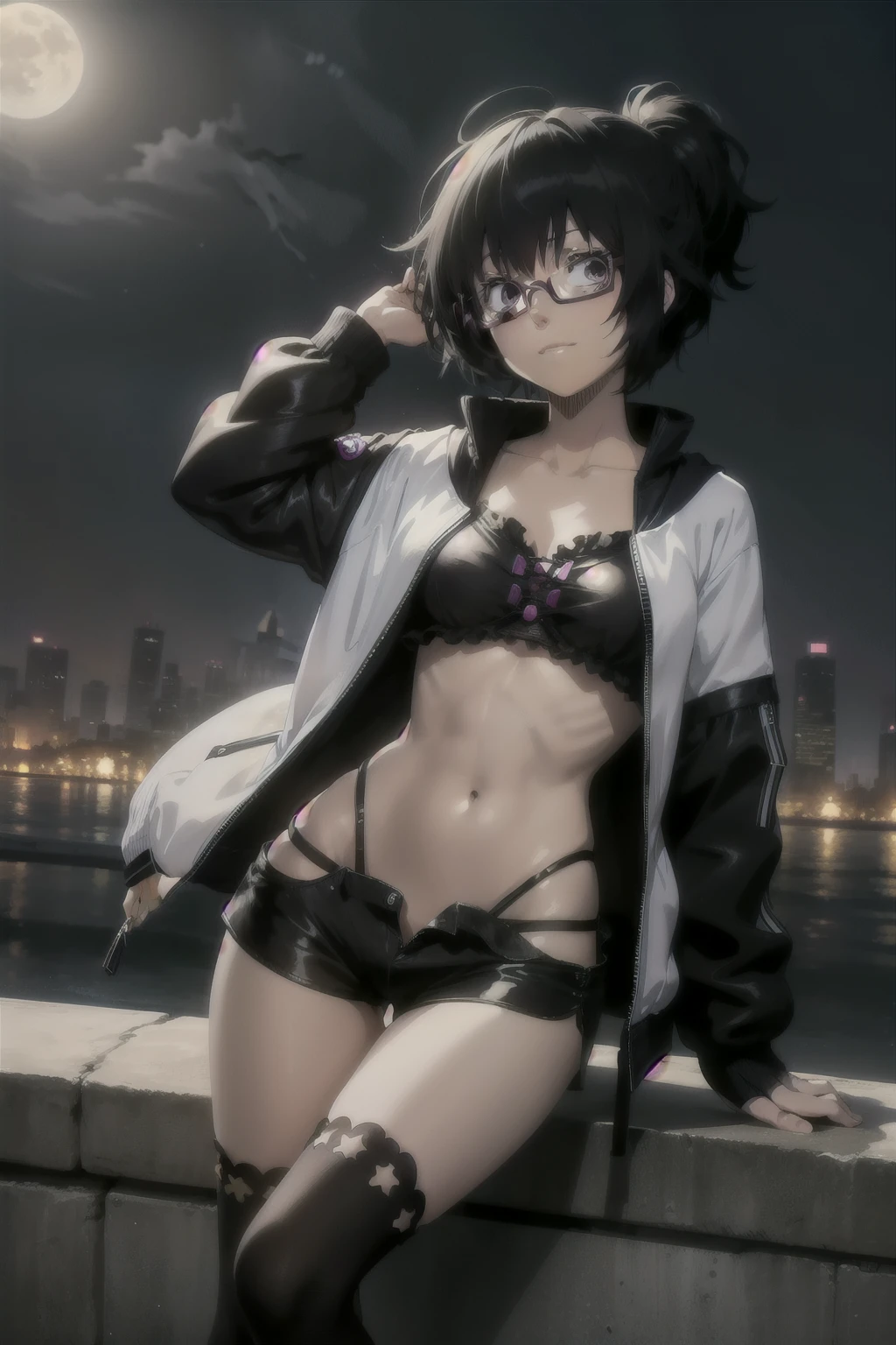 Anime style  ,ultra detailed, sally , black hair  , happy face, crazy ,glasses , solo  jacket, open clothes,  underboobs  top,   ,(sexy body)  ,medium  breasts , sexy  shorts long  socks  , looking at viewer . Standing  ,night , moon background. 