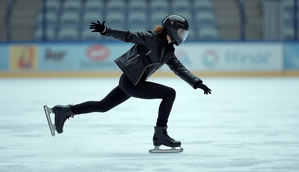 Female ice skater，Wearing a black leather jacket，A futuristic helmet，Slide sideways on one knee，individual，Hyperrealism，Wallpaper quality，Photography style，Shoot the side