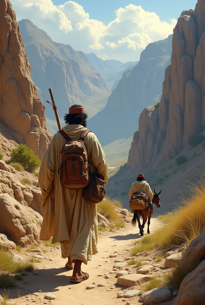 A black Hebrew guy who dresses like an Israelite sorjounere with a donkey on his side as he follows Abraham on a mountain