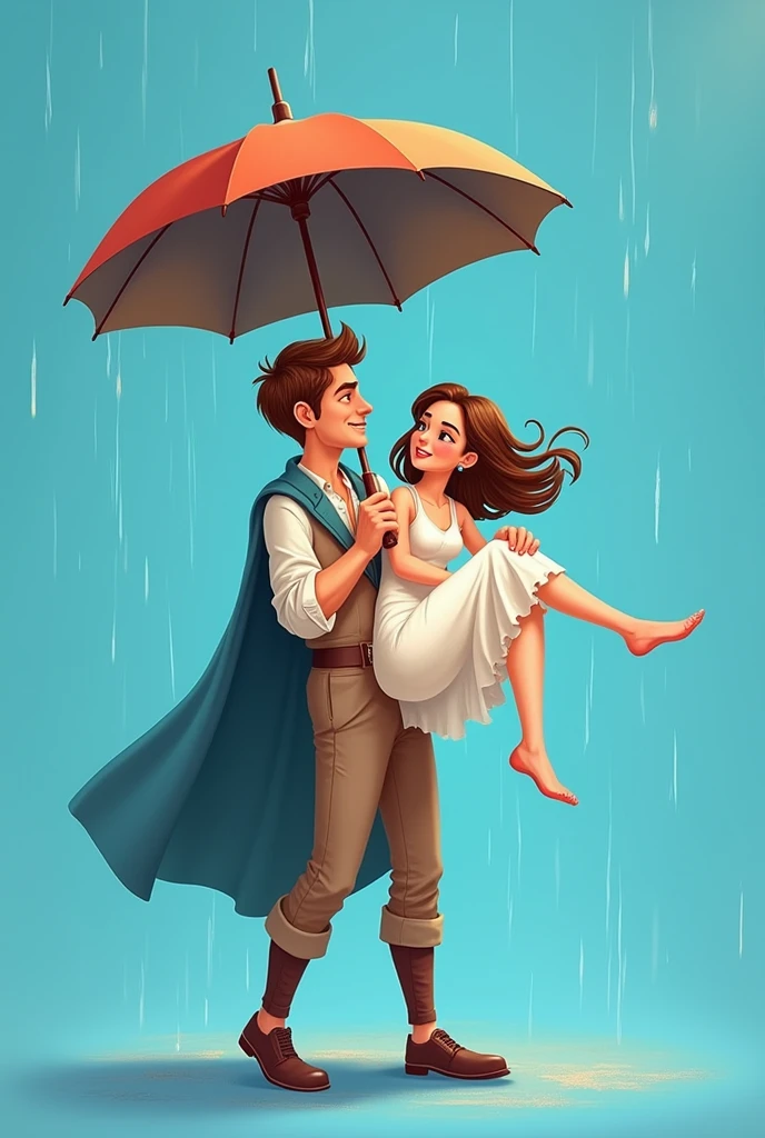 Guy carrying girl in his arms with umbrella 8k image cartoon image , with blue background