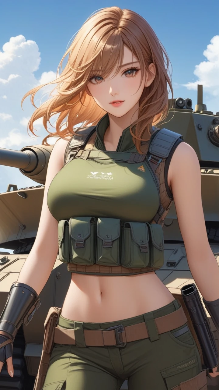 (masterpiece, best quality, high detailed,) 1 girls, armor vest, cargo pants,  armored tank