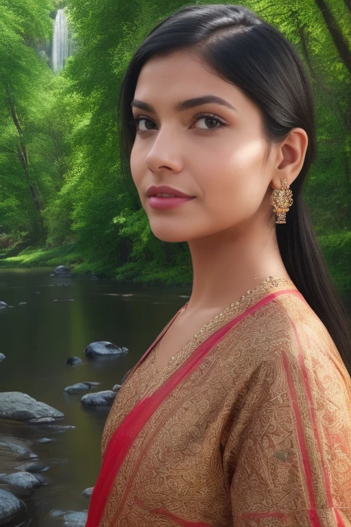(best quality,4k,8k,highres,masterpiece:1.2),ultra-detailed,(realistic,photorealistic,photo-realistic:1.37) Beautiful young indian woman, wearing a saree, tattooed body, portrait, mountain forest background, river stream, very beautiful, traditional beauty, hindu aesthetic, detailed face, detailed body, oily skin, symmetric face, cute, belly pin, long bob hair, masterpiece, 8k, ultra realistic, detailed background, high resolution, god rays, ambient occlusion, ray tracing, ambient lighting, volumetric lighting, SSAO, lens flare