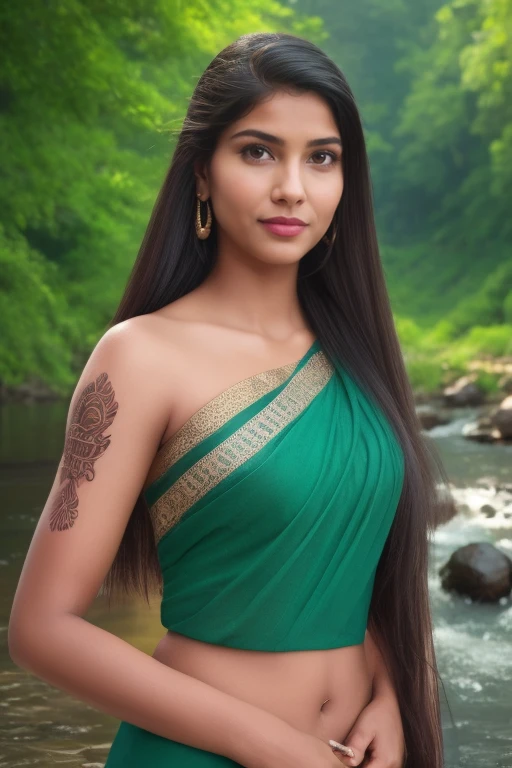 (best quality,4k,8k,highres,masterpiece:1.2),ultra-detailed,(realistic,photorealistic,photo-realistic:1.37) Beautiful young indian woman, wearing a saree, tattooed body, portrait, mountain forest background, river stream, very beautiful, traditional beauty, hindu aesthetic, detailed face, detailed body, oily skin, symmetric face, cute, belly pin, long bob hair, masterpiece, 8k, ultra realistic, detailed background, high resolution, god rays, ambient occlusion, ray tracing, ambient lighting, volumetric lighting, SSAO, lens flare