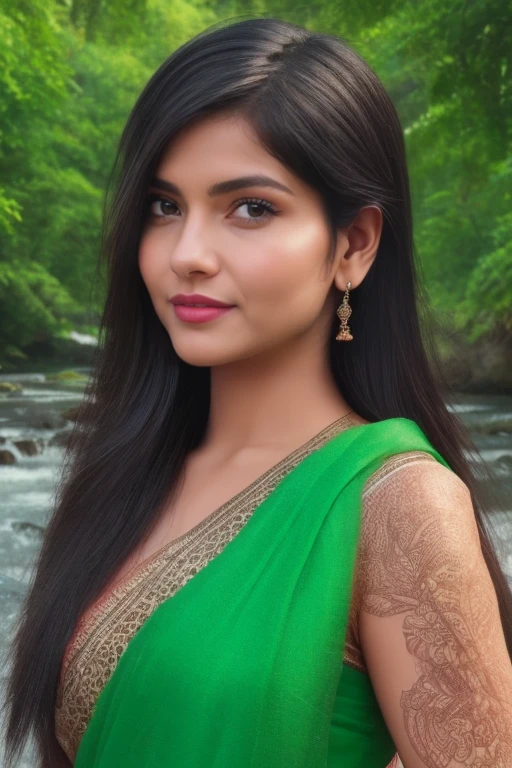(best quality,4k,8k,highres,masterpiece:1.2),ultra-detailed,(realistic,photorealistic,photo-realistic:1.37) Beautiful young indian woman, wearing a saree, tattooed body, portrait, mountain forest background, river stream, very beautiful, traditional beauty, hindu aesthetic, detailed face, detailed body, oily skin, symmetric face, cute, belly pin, long bob hair, masterpiece, 8k, ultra realistic, detailed background, high resolution, god rays, ambient occlusion, ray tracing, ambient lighting, volumetric lighting, SSAO, lens flare