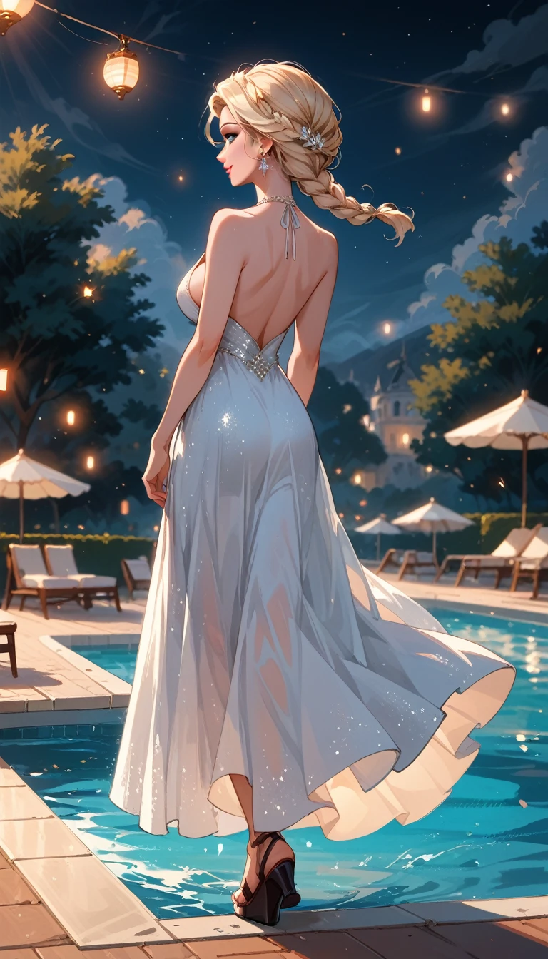 score_9, score_8_up, score_7_up, score_6_up, cinematic film still, 1girl, mature elsa (blonde hair, braid:1.1), (majestic white dress:1.3), wedge sandals, sideboob, standing on paving near pool, legs crossed, elegant party, talking with friends, smiling, (cinematic lighting:1.2),, shallow depth of field, vignette, highly detailed, high budget, bokeh, cinemascope, moody, epic, gorgeous, film grain, grainy, midnight, floating lanterns, rear view.