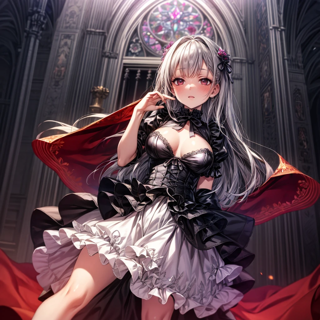 quality,8k,Highly detailed CG unit wallpaper, masterpiece,High resolution,top-quality, real texture skin,surreal,Increase the resolution,RAW Photos,highest quality,Very detailed,From below,Cool Beauty,Glamour Women, Cute pose,Gothic Lolita,A skirt full of frills, Red Embroidery,silver_Shiny long hair, Queen, world, Crystal Flower,Sparkling stained glass like a kaleidoscope,Majestic cathedral ,Detailed embroidery, Very layered ruffles, Detailed Texture,A geometric magic circle above your head,Decorated silver staff,