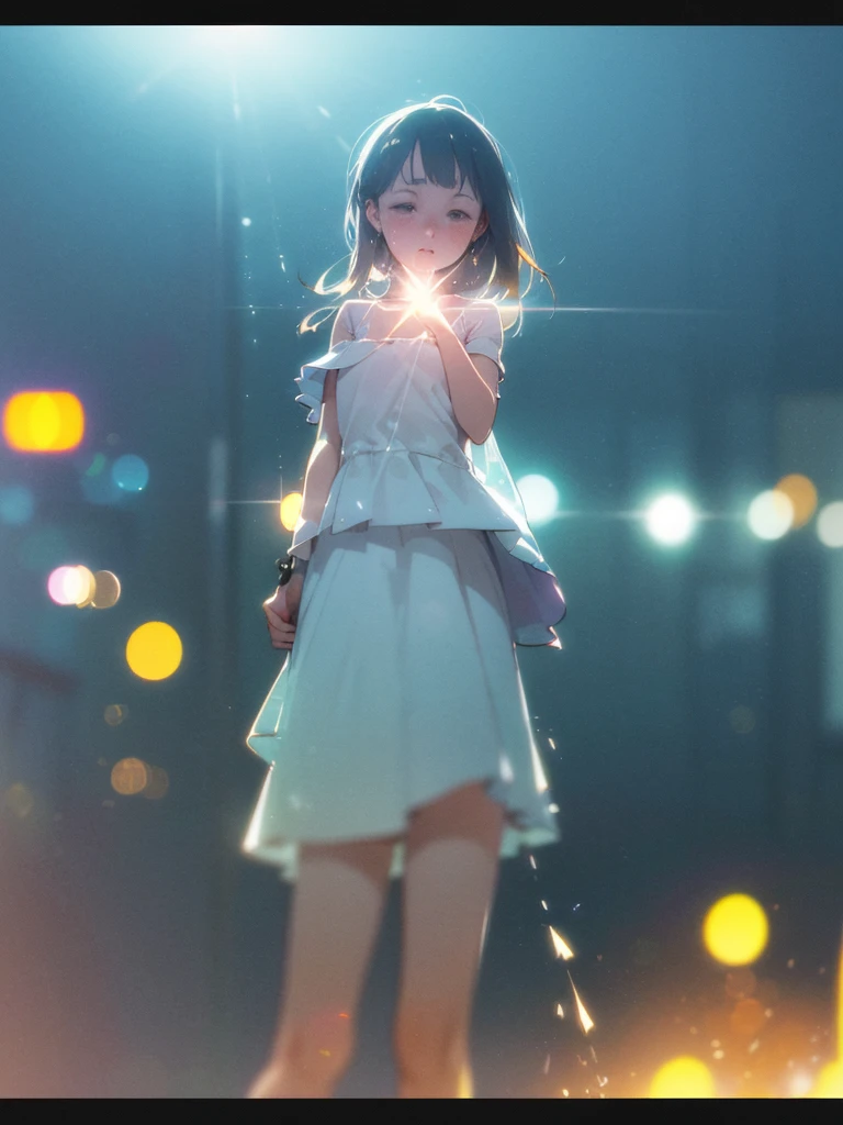 (Sumilux f1.4 24mm , low Latitude old color negative film , cross process , (bokeh), Long exposure , blur , flare, chromatic aberration , soft focus, (Shallow focus) , soft glow , Maximum aperture, high Key , Transparent depiction , Tyndall:1.2) , peeing woman