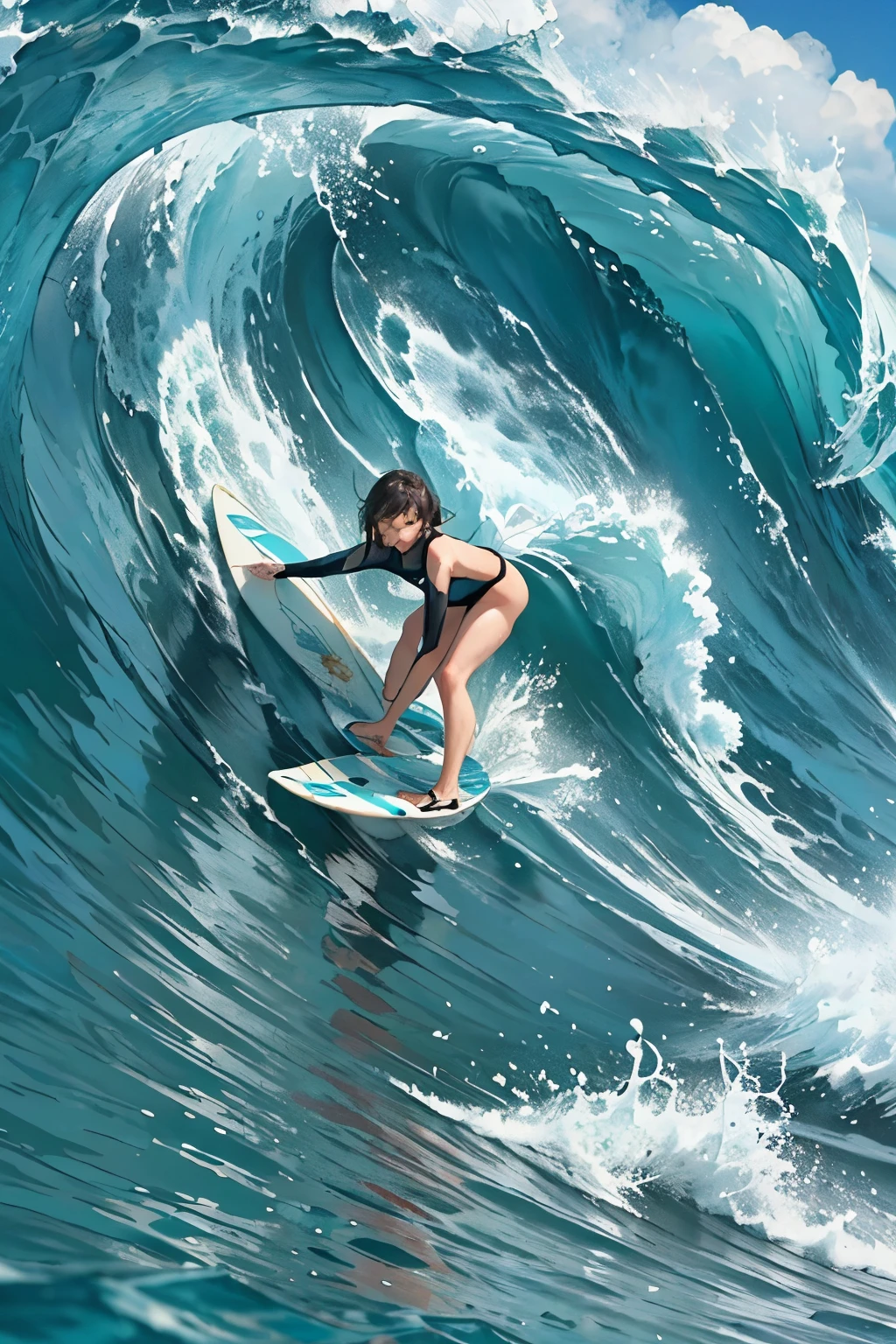 Female surfer riding a wave in the ocean early in the morning、Short Hair、Sexy and colorful swimwear、surfing、 (Riding a surfboard:1.2)、 big wave surfing、Tube Wave、The breaking waves、Wave Splash、surfingの写真、Extreme Sports Photography、(Highest quality, masterpiece, High resolution)、8k、wallpaper