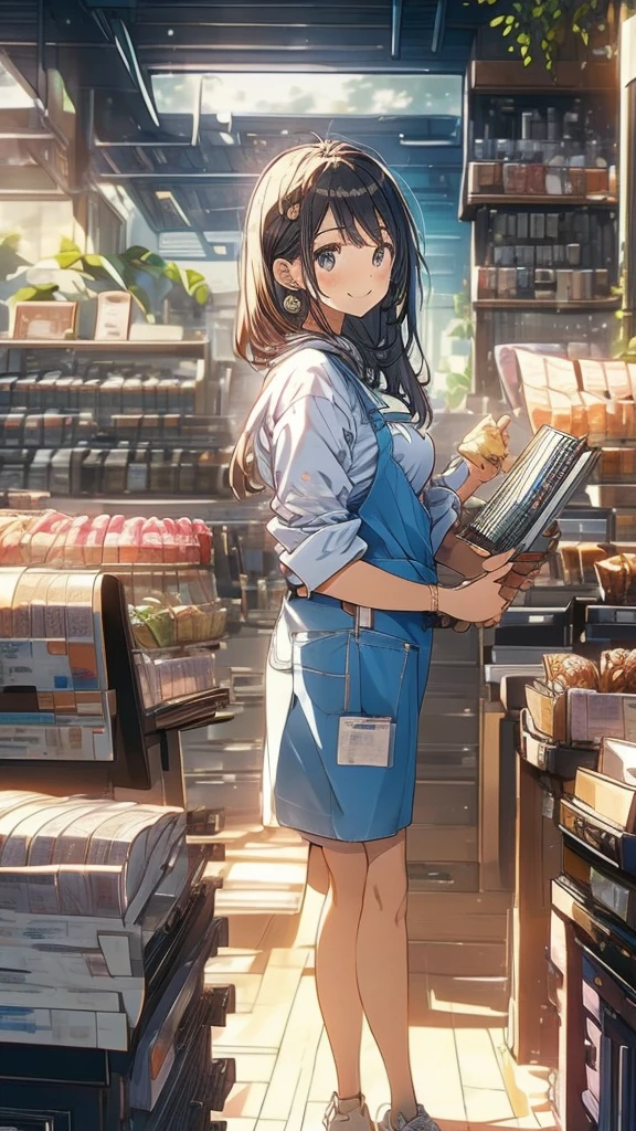 young woman,Facing forward,smile,((Standing inside the cash register)),Touching the cash register machine,Customer Service,((There is a cash register on the table)),(Scanning product barcodes at the cash register)),Supermarket clerk,Wearing an apron,uniform,((Working as a cashier)),((Cashier)),((cashier,register,)),((Receive money from customers)),There are products on the shelves,In the supermarket,Bright interior,grocery store