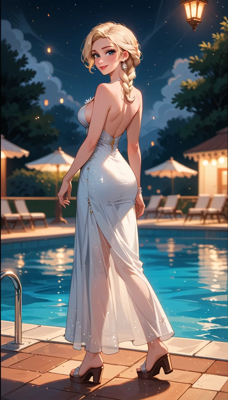 score_9, score_8_up, score_7_up, score_6_up, cinematic film still, 1girl, mature elsa (blonde hair, braid:1.1), (majestic white dress:1.3), wedge sandals, sideboob, standing on paving near pool, legs crossed, elegant party, talking with friends, smiling, (cinematic lighting:1.2),, shallow depth of field, vignette, highly detailed, high budget, bokeh, cinemascope, moody, epic, gorgeous, film grain, grainy, midnight, floating lanterns.