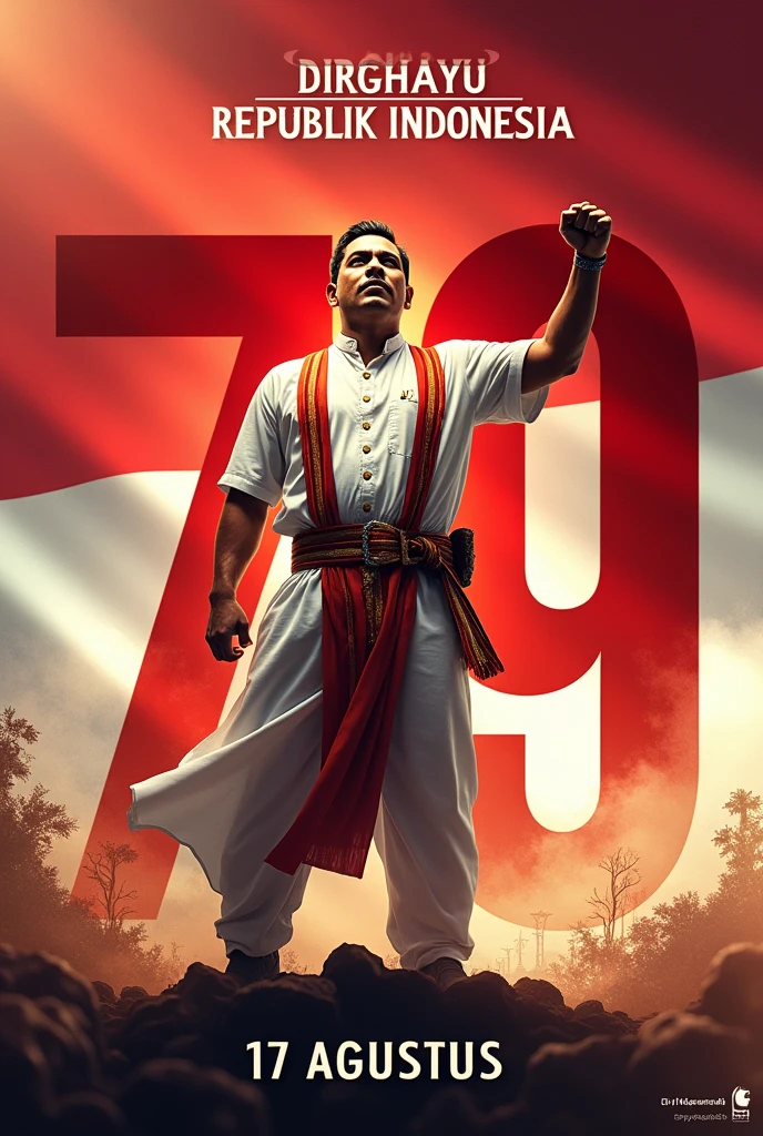 "A powerful and inspiring poster celebrating the 79th Independence Day of Indonesia. The poster features a strong and determined Indonesian man in traditional attire, standing tall against a backdrop of the Indonesian flag fluttering in the wind. The background is vibrant, with a mix of red and white colors representing the national flag. The man holds a raised fist, symbolizing the spirit of independence and freedom. In the foreground, there's a bold number '79' with the Garuda Pancasila symbol integrated into the design. The poster includes the text 'Dirgahayu Republik Indonesia' in a dynamic font, placed prominently at the top, with the date '17 Agustus' below it."