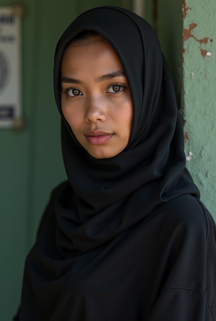 (high resolution), sex satisfy face, oval eyes, slim waist, south east asian face, Malaysian hijab muslim, sexy, darker skin color, short legs, golden ratio body shape, camel toe clear, prison background, seethrough