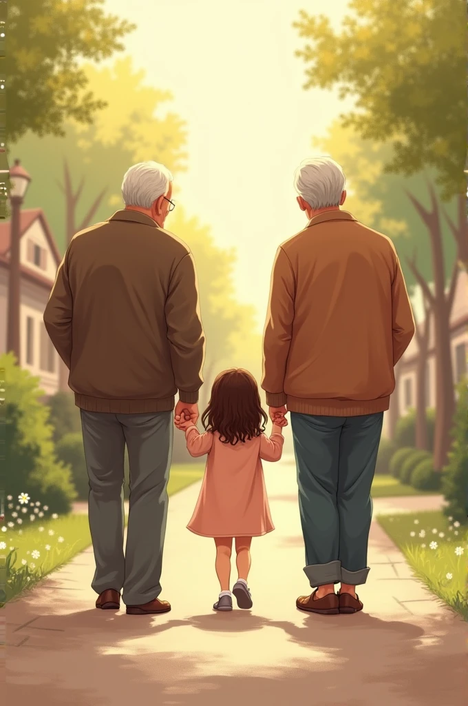 A girl beetwen her grandparents, not in the front. They're walking and the picture does not tell their faces
