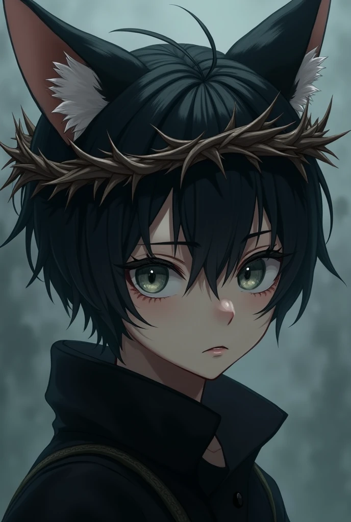 A black-haired cat-eared anime boy wearing a crown of thorns