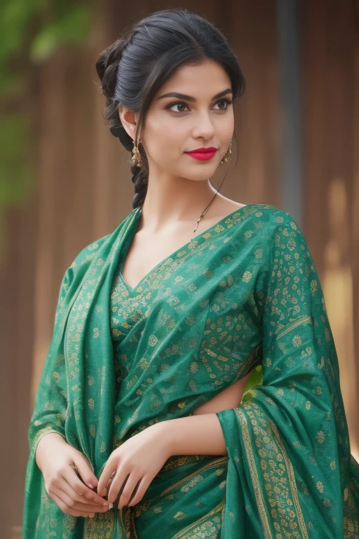 (best quality,4k,8k,highres,masterpiece:1.2),ultra-detailed,(realistic,photorealistic,photo-realistic:1.37) perfect pink eyes, fantastic face, Indian, beautiful look, ((red lips, bright eyes, curve heir 1.5)), (Straight round and ultra huge clevage, not sagging breast), A glorious gorgeous, glorious gorgeous face, pretty face, bright eyes, detailed elegant printed ancient saree and blouse, updo elegant hair, blurred gray tones background, ultra focus, face ilumined, face detailed, 8k resolution, painted, dry brush, brush strokes, razumov style and garmash style, by Tokaito, sexy woman, full body,double bun,double braids, school girl outfit, black hair,perfect eyes, cowboy shot, UHD, anatomically correct woman, no visible hands, photo realistic,relevant and detailed surroundings, vibrant colors, dramatic lighting