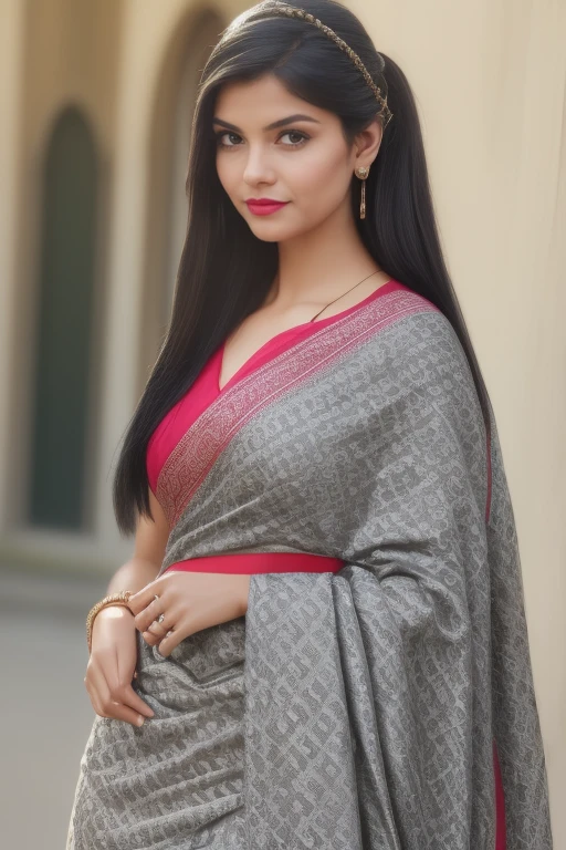 (best quality,4k,8k,highres,masterpiece:1.2),ultra-detailed,(realistic,photorealistic,photo-realistic:1.37) perfect pink eyes, fantastic face, Indian, beautiful look, ((red lips, bright eyes, curve heir 1.5)), (Straight round and ultra huge clevage, not sagging breast), A glorious gorgeous, glorious gorgeous face, pretty face, bright eyes, detailed elegant printed ancient saree and blouse, updo elegant hair, blurred gray tones background, ultra focus, face ilumined, face detailed, 8k resolution, painted, dry brush, brush strokes, razumov style and garmash style, by Tokaito, sexy woman, full body,double bun,double braids, school girl outfit, black hair,perfect eyes, cowboy shot, UHD, anatomically correct woman, no visible hands, photo realistic,relevant and detailed surroundings, vibrant colors, dramatic lighting