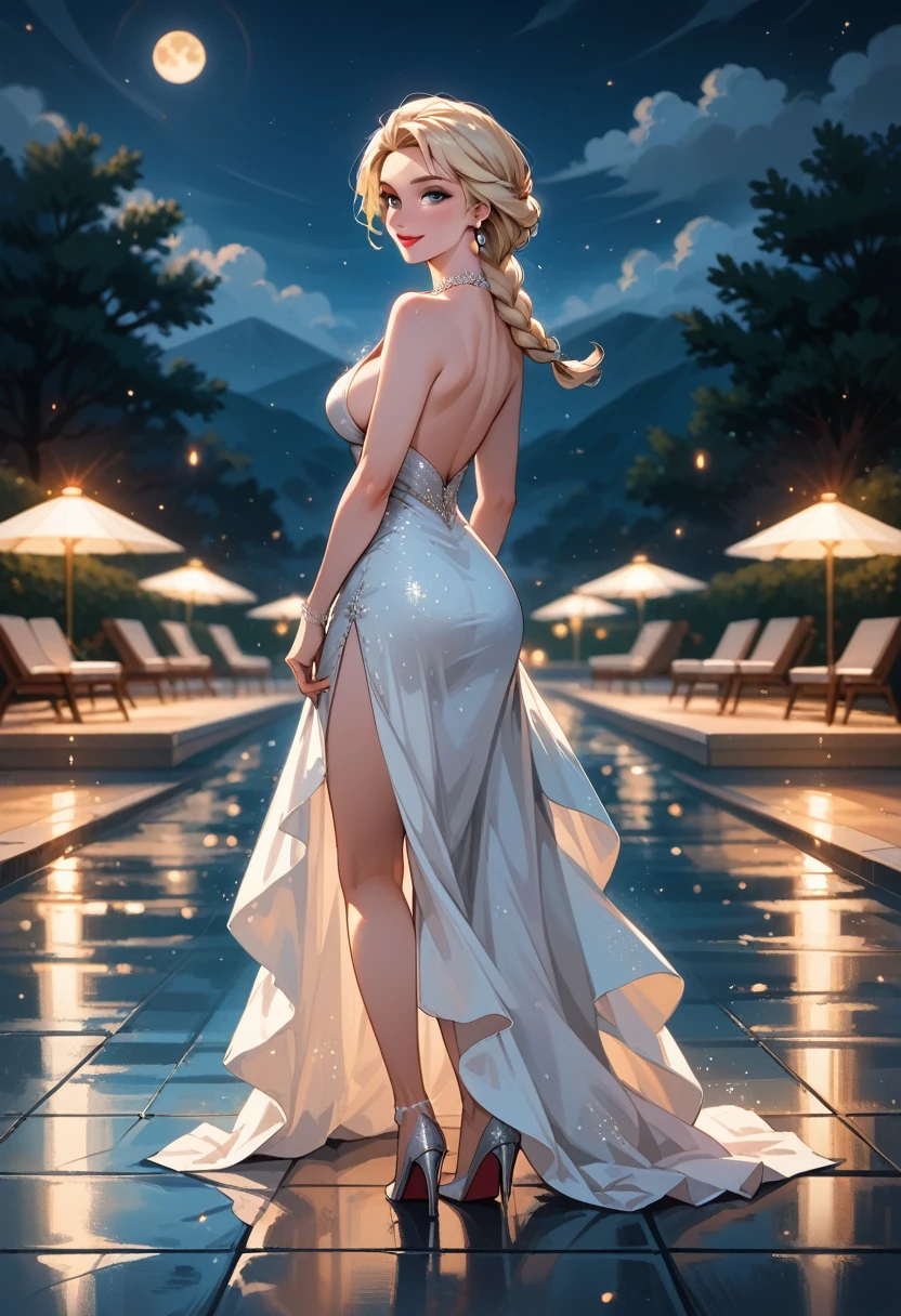 score_9, score_8_up, score_7_up, score_6_up, cinematic film still, 1girl, mature elsa (blonde hair, braid:1.1), (majestic white dress:1.3), sideboob, standing on paving near pool, legs crossed, elegant party, talking with friends, smiling, (cinematic lighting:1.2),, shallow depth of field, vignette, highly detailed, high budget, bokeh, cinemascope, moody, epic, gorgeous, film grain, grainy, midnight, floating lanterns.