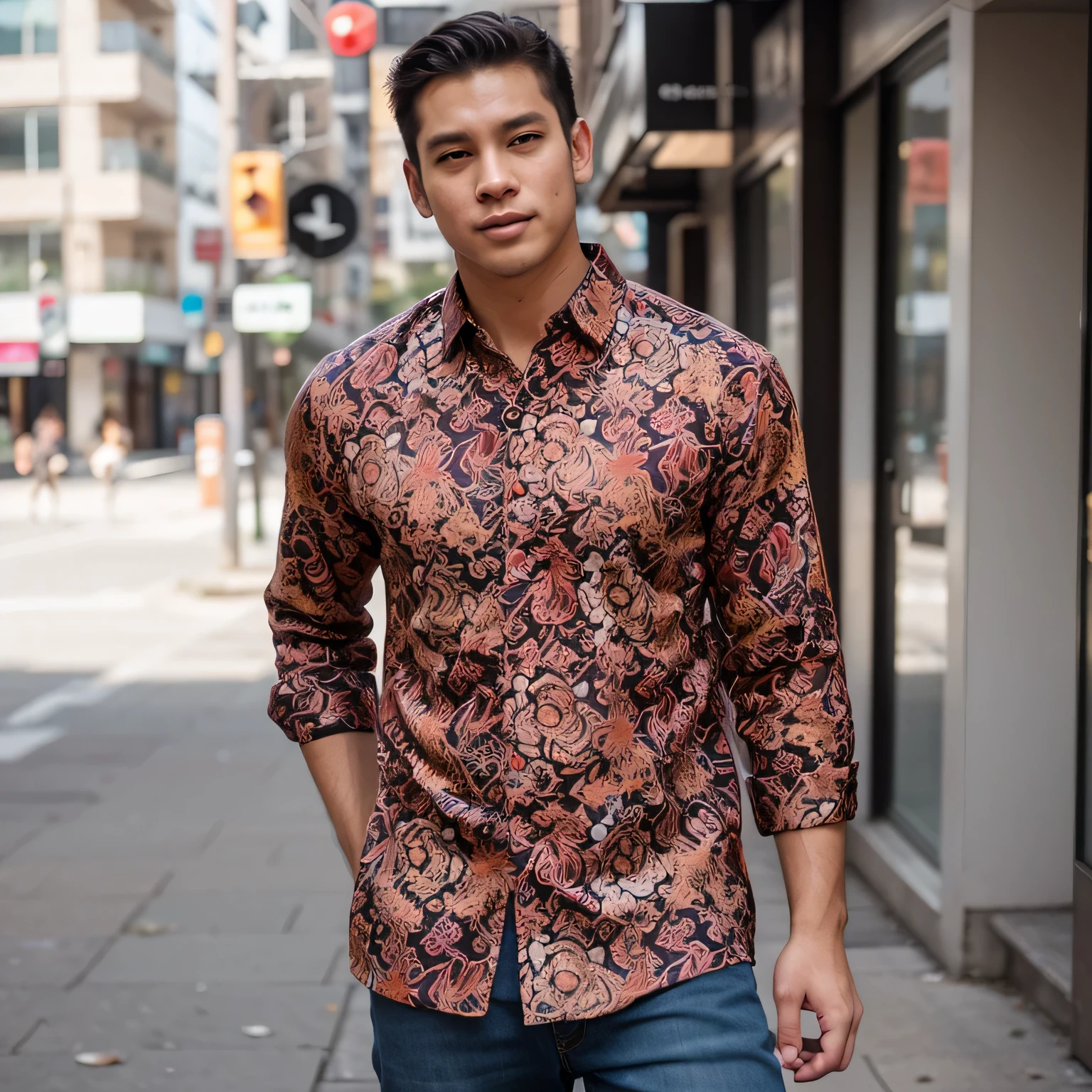 The man is batik dress red and yelow bright color dressed in a formal batik dress and jeans, creating a casual yet fashionable look at the city