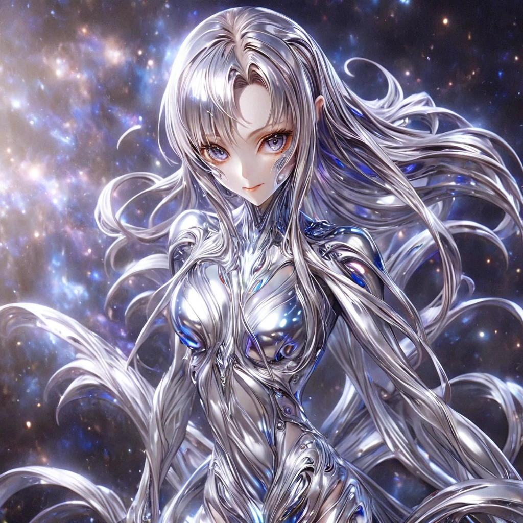 ((Highest quality)), ((masterpiece)), (detailed), (Perfect Face)、The woman is a completely metallic alien named Yuuki Asuna, with metallic silver skin, a metallic silver face, and metallic silver hair in medium-long layers.、The woman is a beautiful metallic alien lifeform, with a metallic face and body.、The woman has a metallic alien face