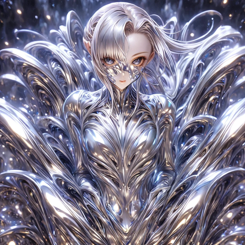 ((Highest quality)), ((masterpiece)), (detailed), (Perfect Face)、The woman is a completely metallic alien named Yuuki Asuna, with metallic silver skin, a metallic silver face, and metallic silver hair in medium-long layers.、The woman is a beautiful metallic alien lifeform, with a metallic face and body.、The woman has a metallic alien face