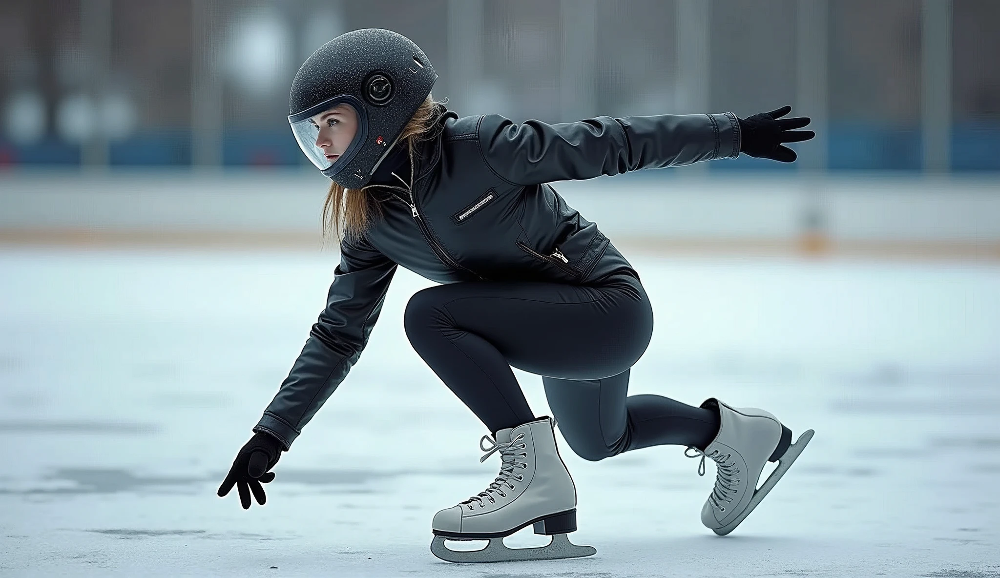Female ice skater,Wearing a black leather jacket,A futuristic helmet,Slide sideways on one knee,individual,Hyperrealism,Wallpaper quality,Photography style,Shoot the side