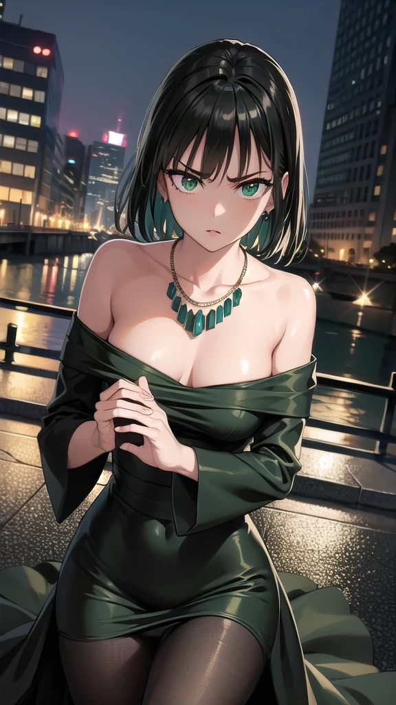 BREAK (masterpiece:1.2), best quality, high resolution, unity 8k wallpaper, (illustration:0.8), (beautiful detailed eyes:1.6), extremely detailed face, perfect lighting, extremely detailed CG, (perfect hands, perfect anatomy),city,street,wet road,reflections, buildings,night,fubuki, black hair, (green eyes:1.5), short hair,black dress, dress, fur coat, high collar, jewelry, necklace, off shoulder, taut clothes, taut dress, pantyhose,angry face, neckline,cleavege,from above,upper body,bend over,nipples see through.