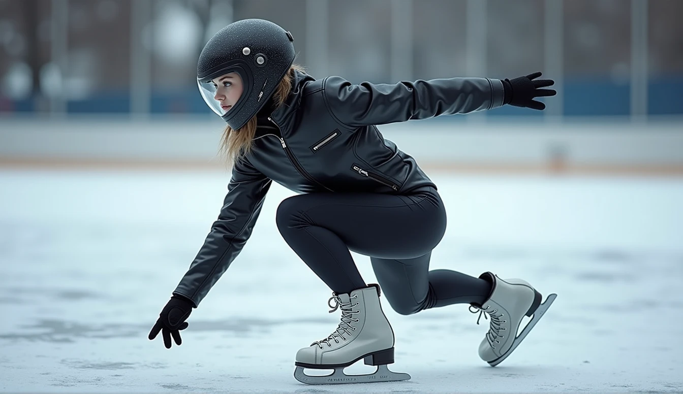 Female ice skater，Wearing a black leather jacket，A futuristic helmet，Slide sideways on one knee，individual，Hyperrealism，Wallpaper quality，Photography style，Shoot the side