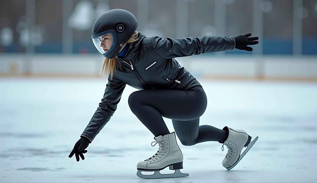 Female ice skater,Wearing a black leather jacket,A futuristic helmet,Slide sideways on one knee,individual,Hyperrealism,Wallpaper quality,Photography style,Shoot the side