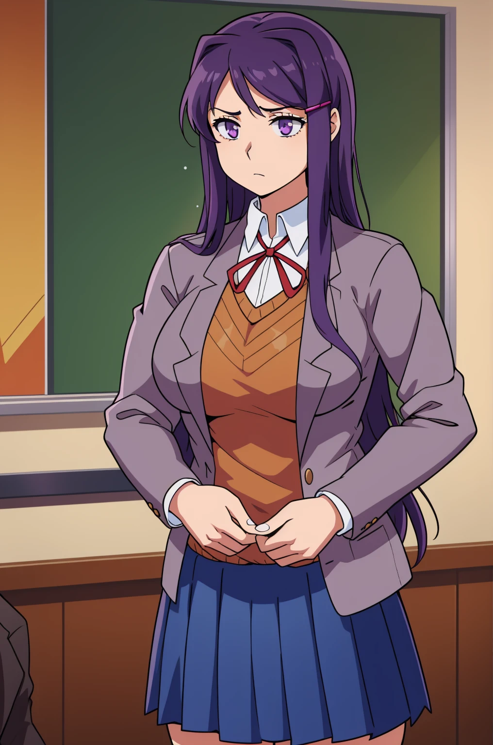 2d, masterpiece, best quality, anime, highly detailed, cowboy shot, 1girl, solo, yuri, purple eyes, purple hair, long hair, hairclip, [[large breasts]], school uniform, blazer, brown sweater, collared shirt, neck ribbon, blue skirt, standing, own hands together, expressionless, classroom 