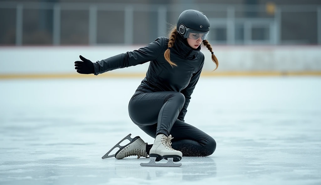 Female ice skater,Wearing a black leather jacket,A futuristic helmet,Slide sideways on one knee,individual,Hyperrealism,Wallpaper quality,Photography style,Shoot the side