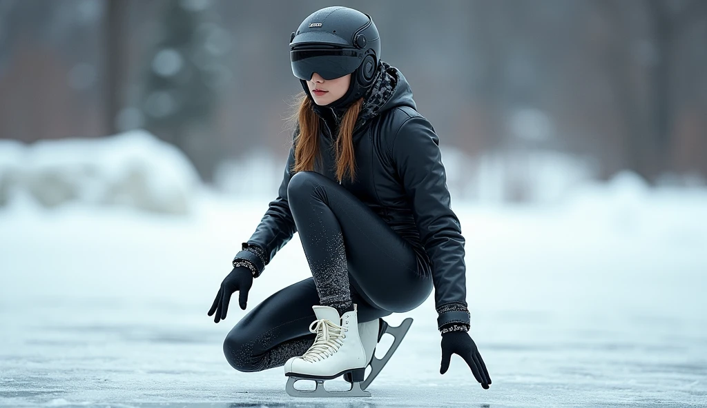Female ice skater,Wearing a black leather jacket,A futuristic helmet,Slide sideways on one knee,individual,Hyperrealism,Wallpaper quality,Photography style,Shoot the side