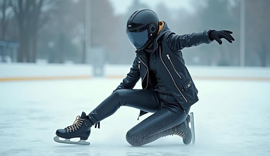 Female ice skater,Wearing a black leather jacket,A futuristic helmet,Slide sideways on one knee,individual,Hyperrealism,Wallpaper quality,Photography style,Shoot the side