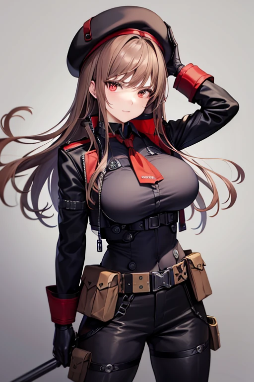Rapi (NIKKE), Belt Pouches, Brown hair, Black hat, red ascot, beret, closed mouth, looking at the viewer, choker, gloves, ascot, Red gloves, Black jacket, utility belt, cargo pants, black pants, Black boots, solo, long hair, (simple dark background), cowboy shot, red eyes, huge breasts, (muscular body), long sleeves