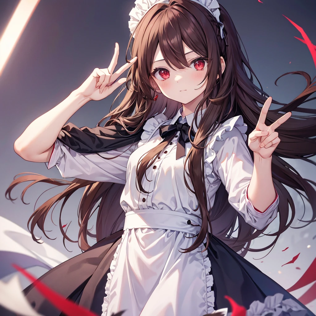 Maid clothes,Red eyes,Long Hair,Brown Hair,girl,He is making a peace sign with his left hand and looking at me.,Smooth hair,