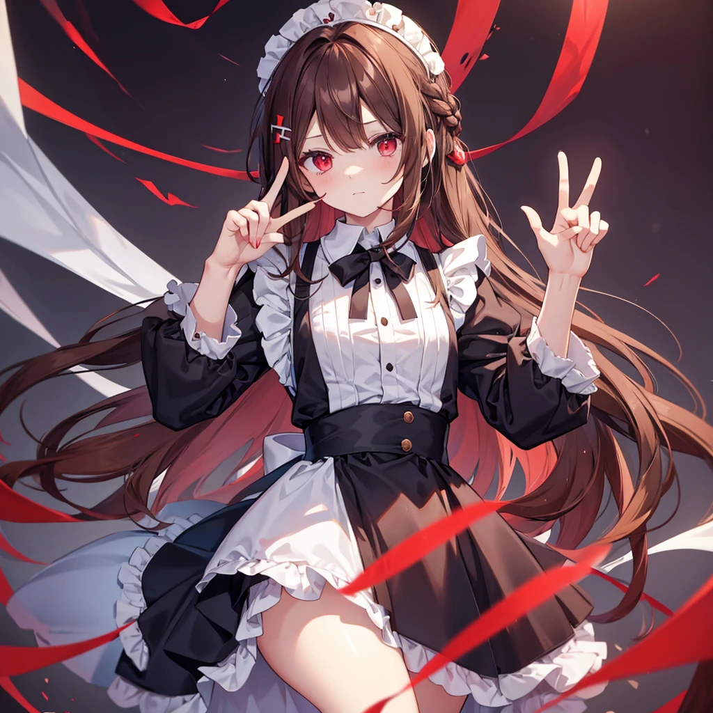 Maid clothes,Red eyes,Long Hair,Brown Hair,girl,He is making a peace sign with his left hand and looking at me.,Smooth hair,