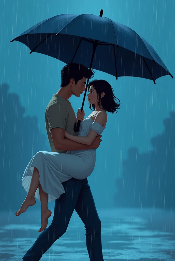 Guy carrying girl in his arms with umbrella 8k image  cdrawing  image , with blue background 
