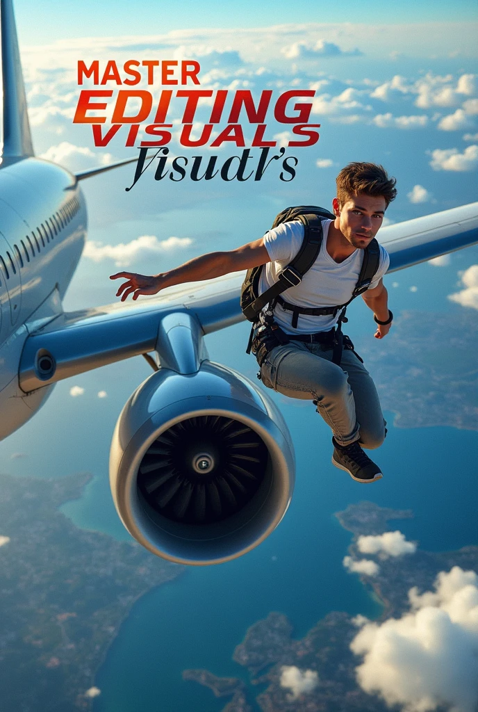 Create an image of a young man doing an extreme sport, such as skydiving. The person wearing casual sportswear had the large words, MASTER EDITING VISUALS, in the sky and was close to the engine of a large plane in the middle of flight. The background with colorful writing, MASTER EDITING VISUALS, shows a stunning view of the Earth from a height, showing land, water and cloud formations.