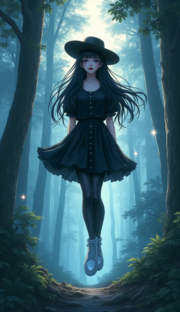 ((best quality)), ((masterpiece)), (detailed), 1girl, Black shirt, leggings, masterpiece, ultra detail, black hair, cute, baby face, Gothic, 90s hat, black lipstick, forest, plump, flying, white shoes, shining star, attack on Titan style, anime