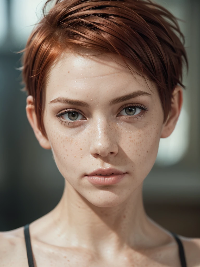 slim feminine figure, redhead, freckles, best quality, realistic skin texture, photography, detailed facial features, film grain texture and high contrast, extremely high-resolution details, photographic, photorealistic, hyper-realistic, HDR, masterpiece, ((short pixie hair)), close-up of face, flirting with the camera, ((pouting mouth))