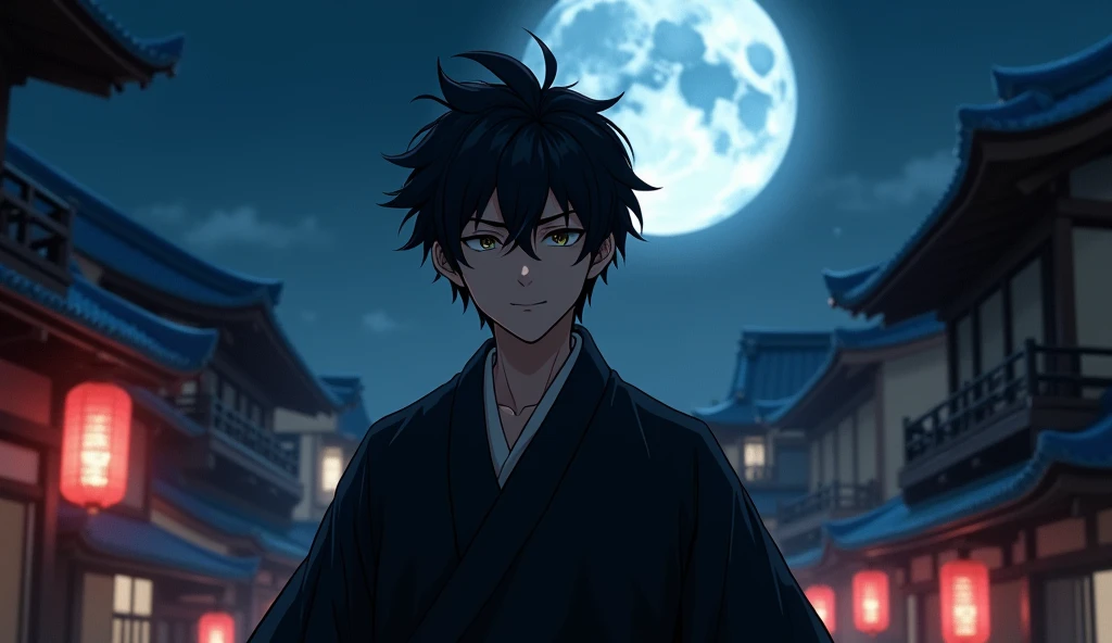 One Man in the Night City、Alluring Handsome Youth、Black Hair、Dark Eyes、Black kimono、smart、slim、A fearless smile、Moon Night、Suspicious atmosphere、Traditional Kyoto cityscape、high resolution、Amazing Image、High Precision、High quality、Like the Latest Final Fantasy、Biologically correct、