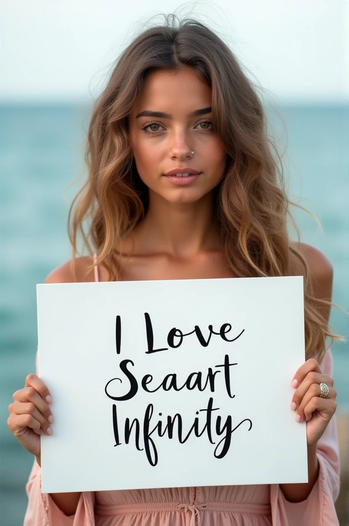Beautiful girl with wavy long hair, bohemian dress, holding a white board with text "I Love Seaart Infinity" and showing it to the viewer