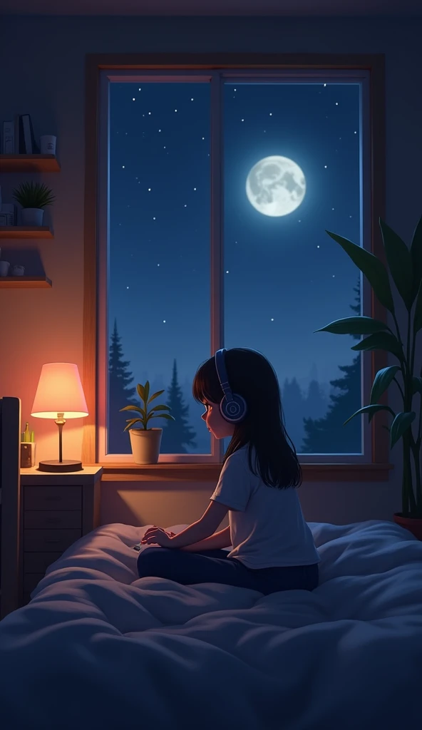 night、Girl listening to music in a cozy room, Using headphones, 2D-style animation, Lo-Fi, hard disk, Dark Environment, 