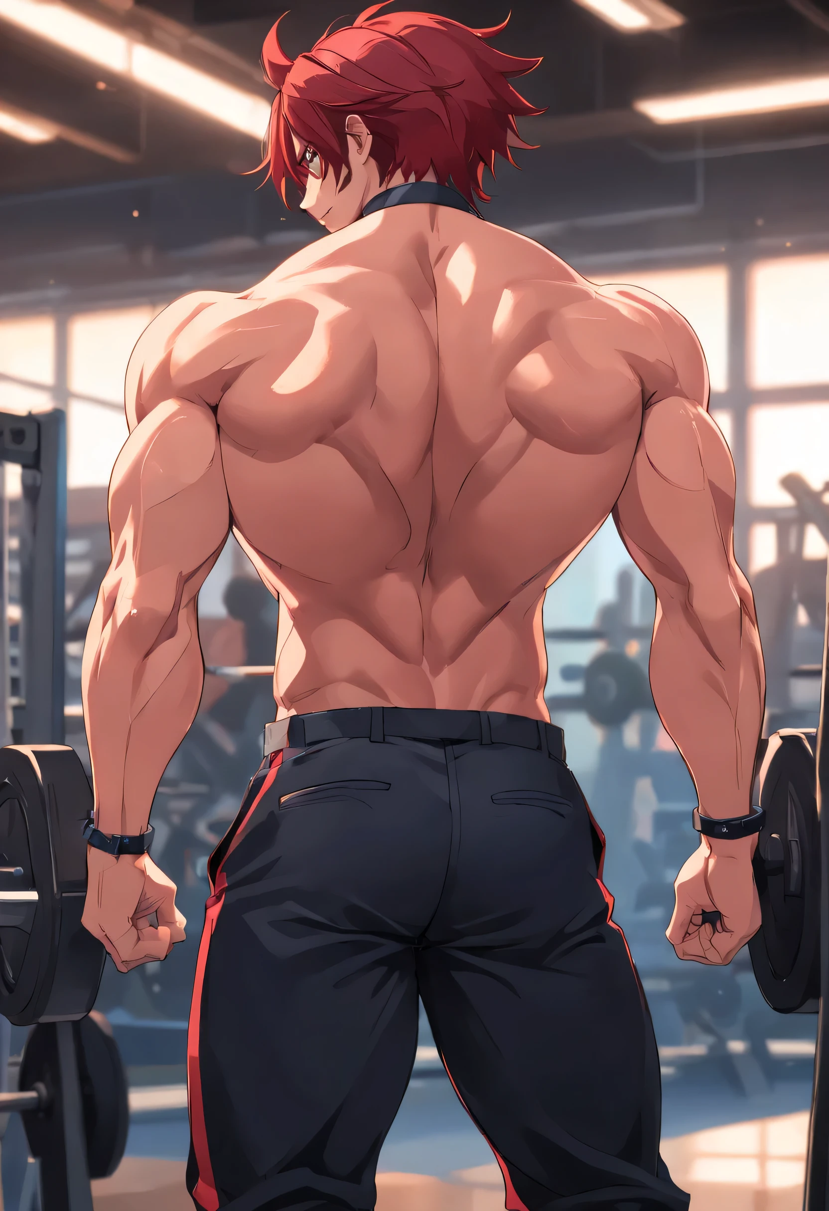((((Yuijiro Hanma))), masculine, Red hair, black pant, demon back, extremely muscular and defined back, focus on her back, in a bodybuilding gym, アニメ, baki,