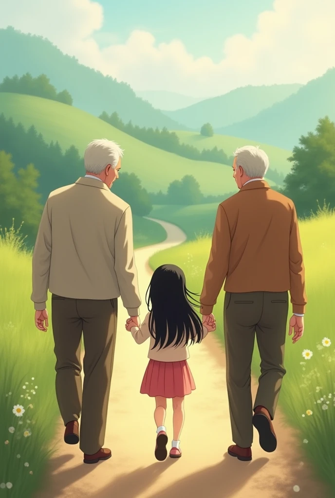 A girl beetwen her grandpa and grandma (she has black hair) , not in the front. They're walking and the picture does not tell their faces